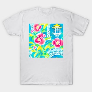 Flowers and pagodas on turquoise T-Shirt